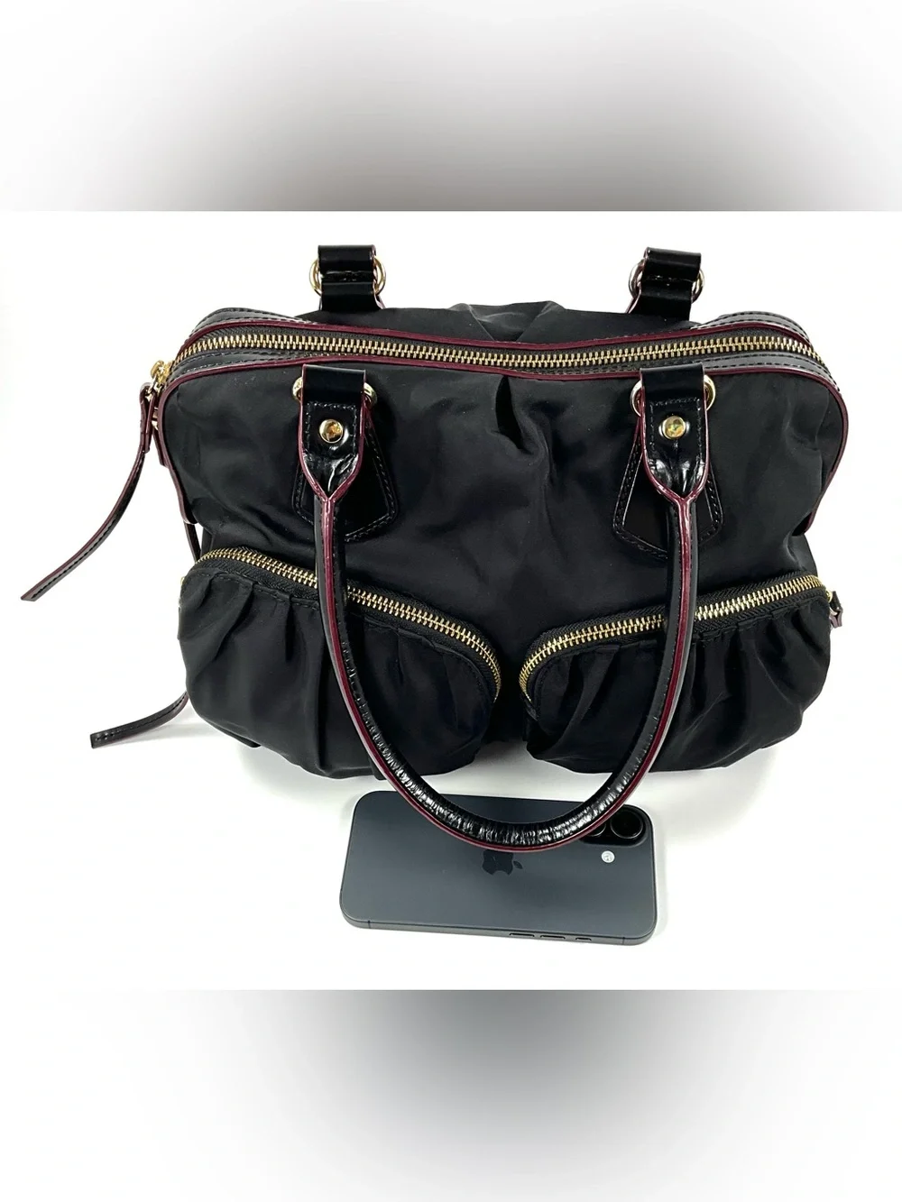 MZ Wallace Bedford Satchel Black Bedford Nylon Patent Leather Trim Gold Hardware - Picture 16 of 16